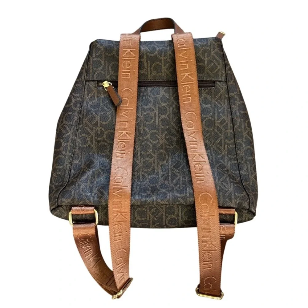 Calvin Klein Monogram Logo Faux Leather Backpack Brown‎ Gold Chic Designer